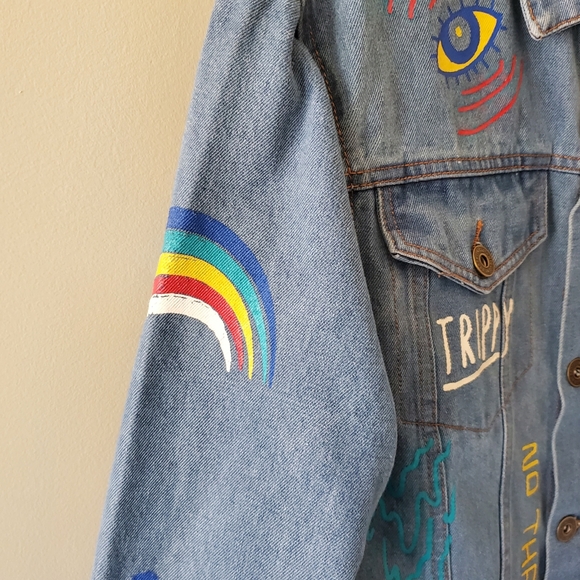 Brooklyn Clothing M Indie Sleeze 90s Grunge Flames Rainbow Unisex Jean Jacket - Picture 7 of 11